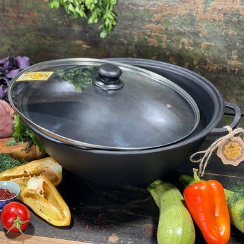 Казан чугунный узбекский объемом 8 л WOK со стеклянной крышкой "Наша Майстерня" (толстостенный) НМК-8КСТ фото