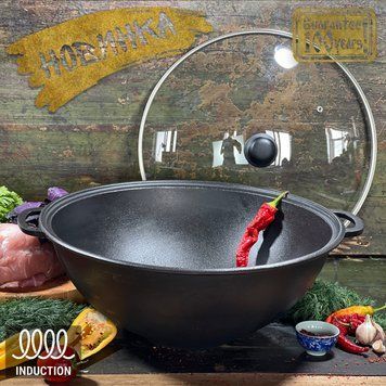 Казан чугунный узбекский объемом 12 л WOK со стеклянной крышкой "Наша Майстерня" (толстостенный) НМК-12КСТ фото